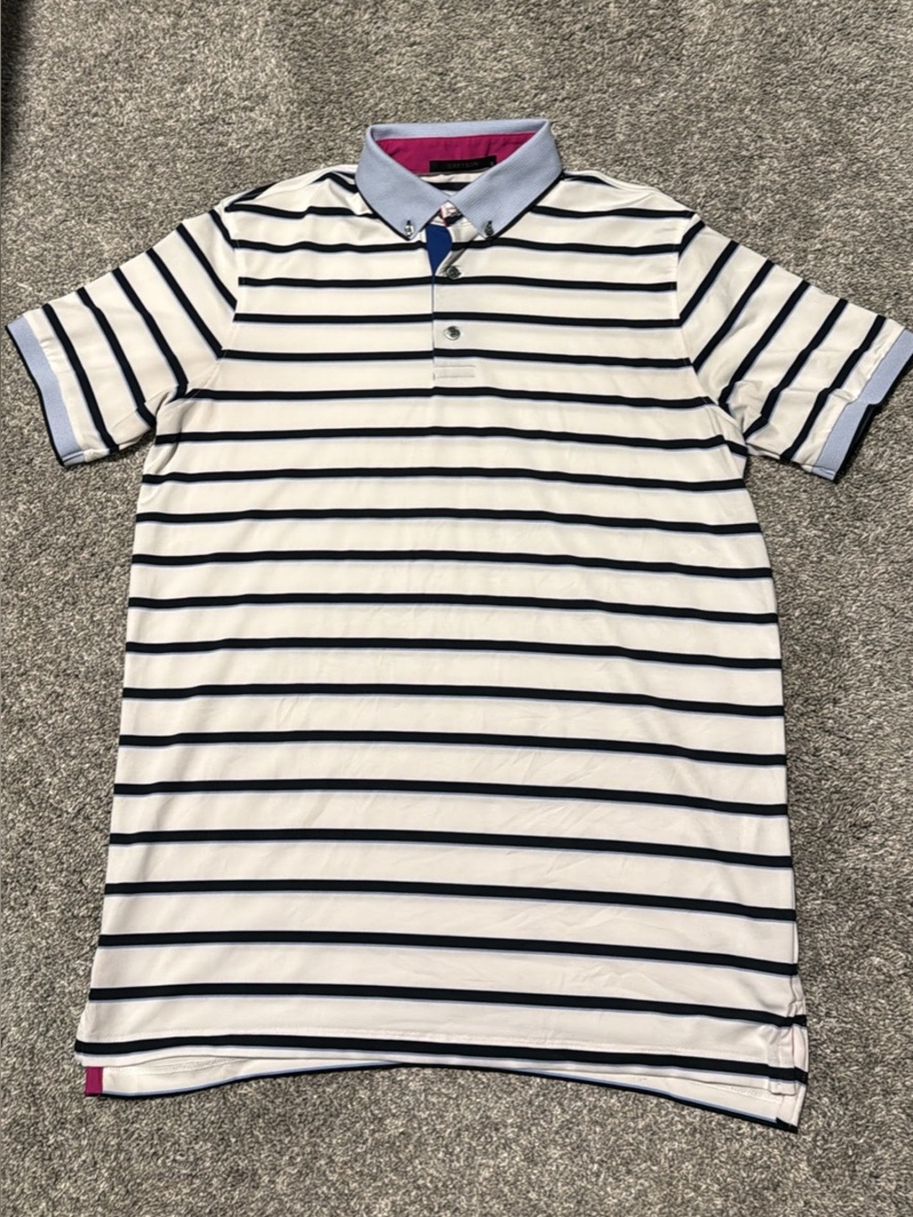Greyson White Golf Polo with Navy Stripes and Light Blue Collar Men’s Small